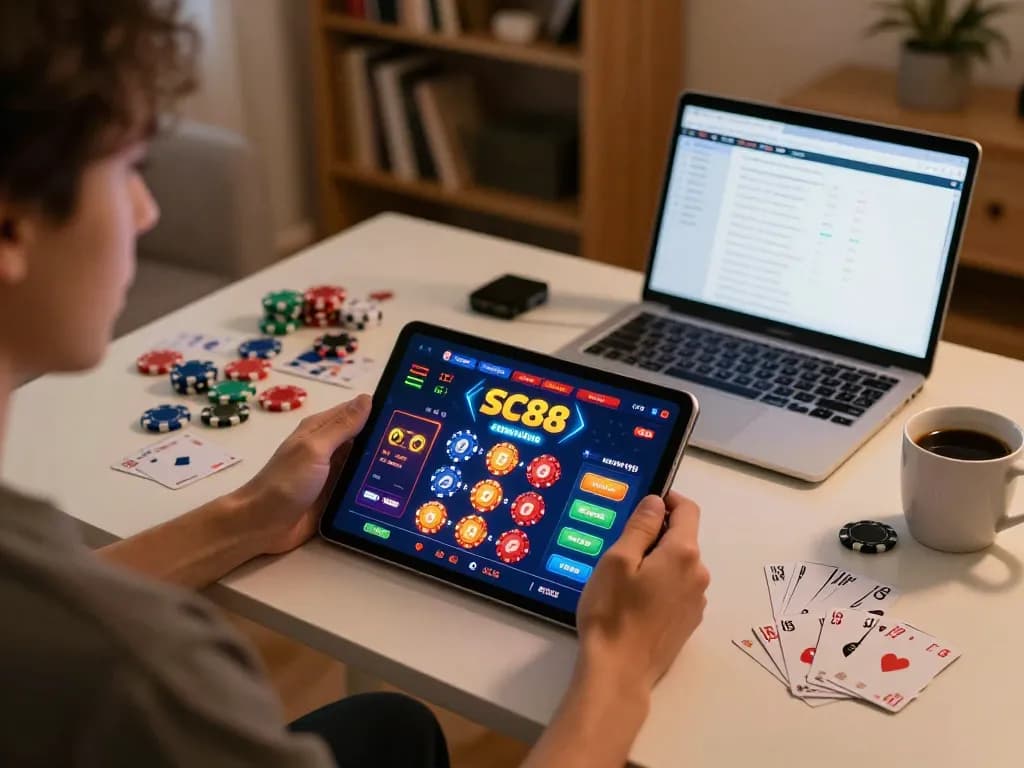 Engaging moment in online gaming with SC88e app on tablet, showing vibrant casino interface.