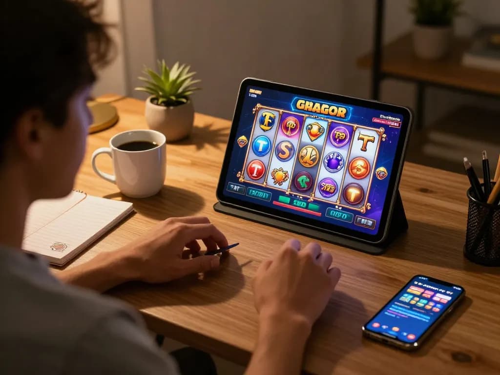 Engaged player enjoying slot gacor hari ini on tablet with vibrant graphics and cozy atmosphere