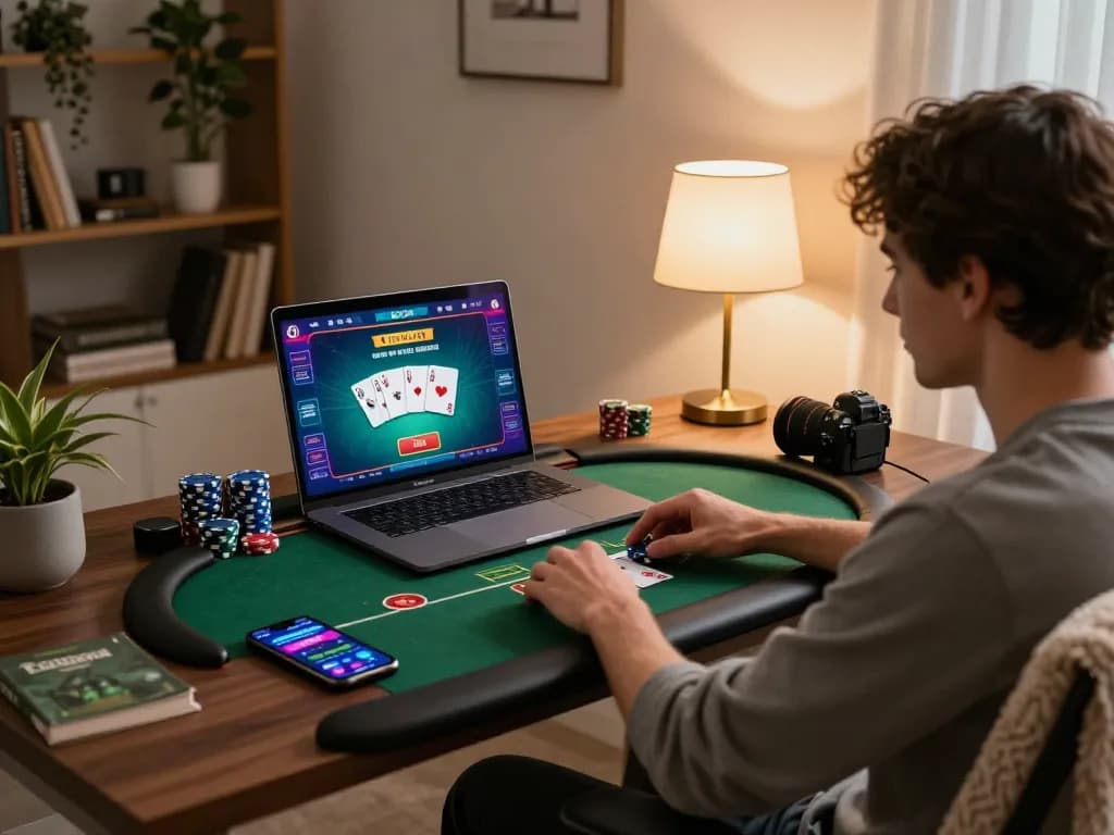 Engaging in a poker game on a laptop with 23win app visible, showcasing a modern home gaming setup.