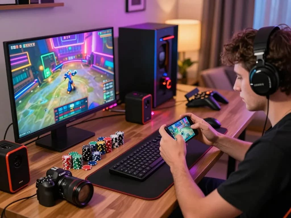 Engaged player using smartphone at a Nhà cái uy tín to enhance online gaming experience with strategic insights.