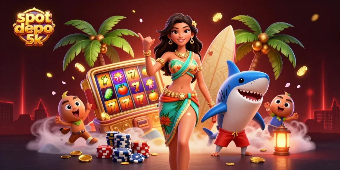 Engage with slot depo 5k in this vibrant scene featuring a glamorous character and playful shark amidst spinning slot reels.