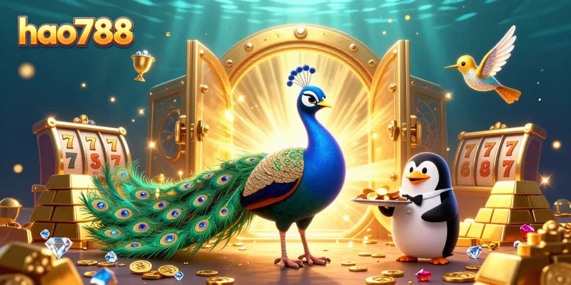 Permainan slot HAO788 menampilkan burung merak 3D yang megah dan pengantar penguin, dikelilingi kekayaan emas dan gemerlap.