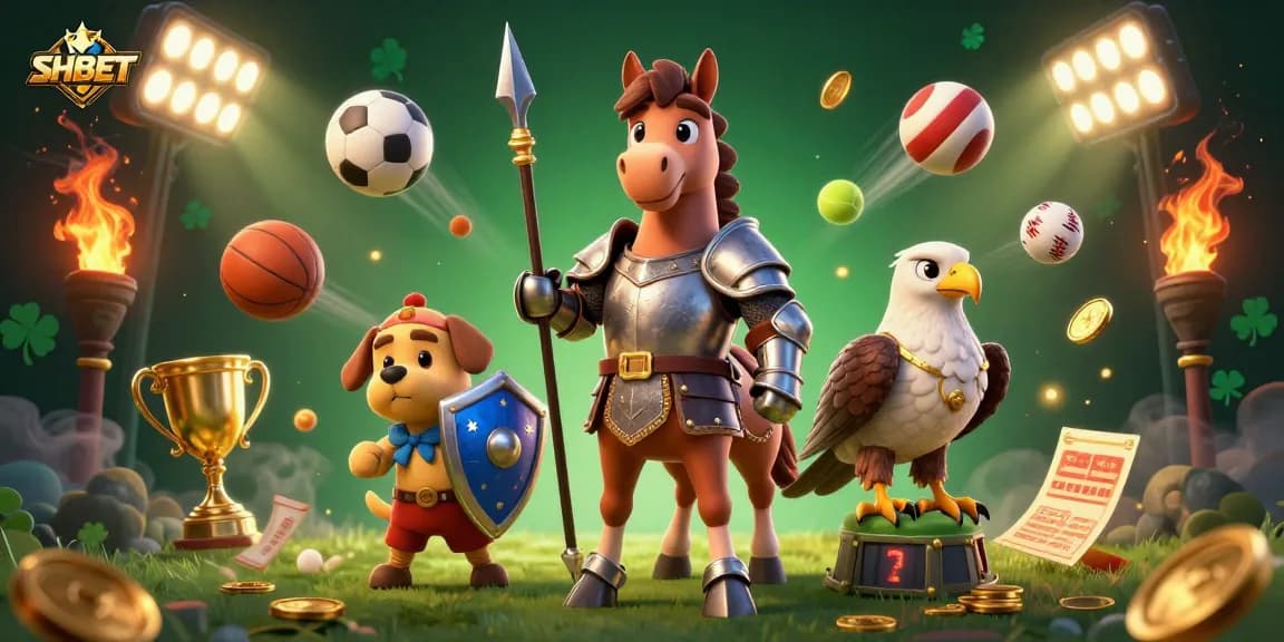Experience the excitement of SHBET with a vibrant 3D medieval knight and gaming elements in action.