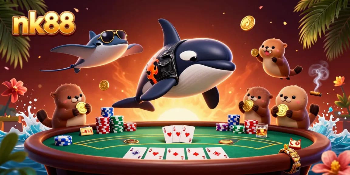 Engage in exciting games at nk88 with a dynamic scene featuring an orca, stingray, and sea otters.