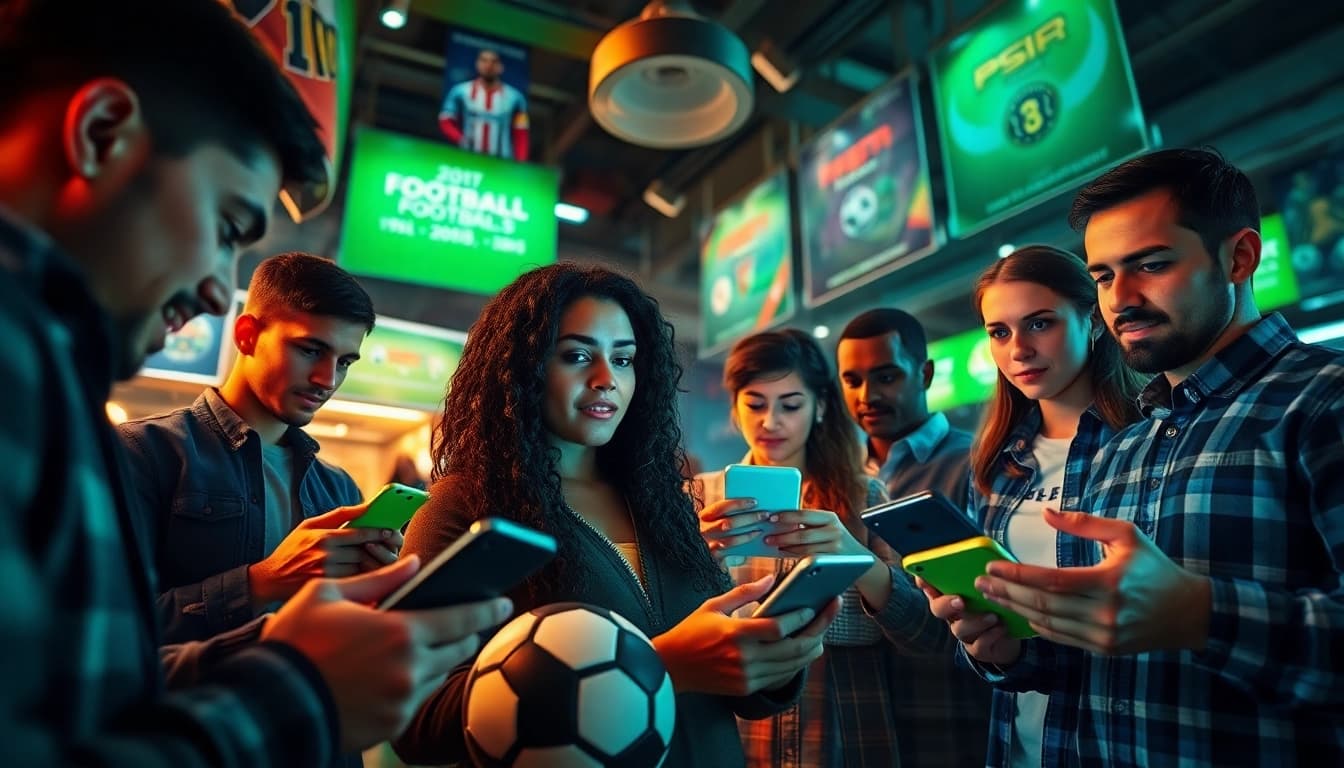 Exciting scene of diverse individuals engaging in trang cá cược bóng đá through digital devices, showcasing a football-themed betting atmosphere.