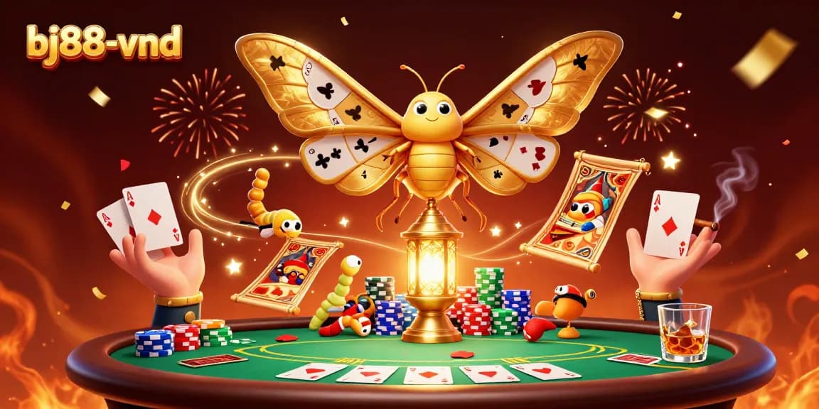 Engage with the vibrant casino ambiance of bj88-vnd featuring dynamic poker elements and festive decorations.