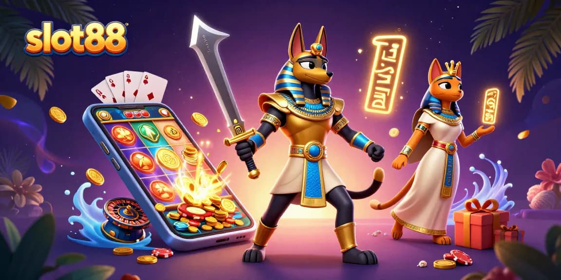 Mainkan slot88 dengan sosok Anubis dan Bastet di dunia kasino yang megah.