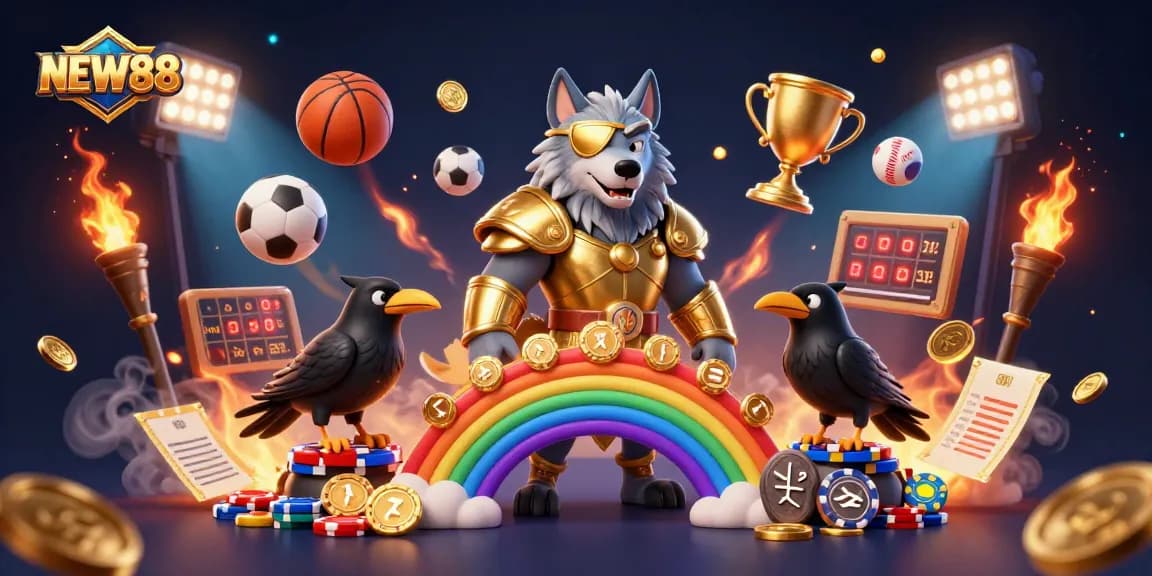 NEW88 delivers immersive gaming with a 3D depiction featuring Odin, ravens, and vibrant casino elements.