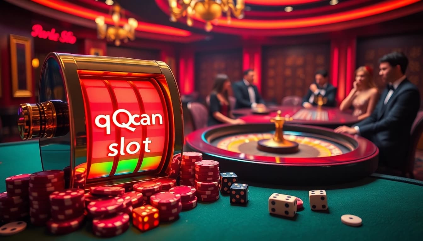 Engage with the thrilling atmosphere of qqmacan slot featuring a luxurious slot machine and vibrant poker chips.