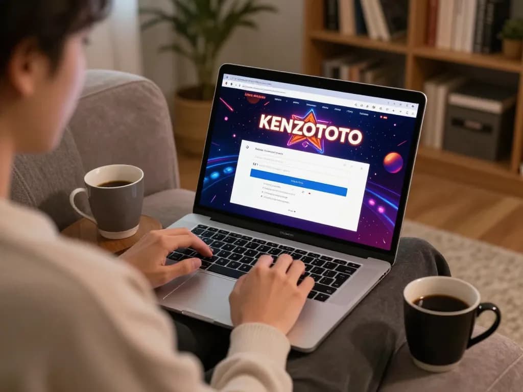 Menikmati KENZOTOTO login, seorang pengguna memainkan lotere online sambil menikmati suasana nyaman di rumah.