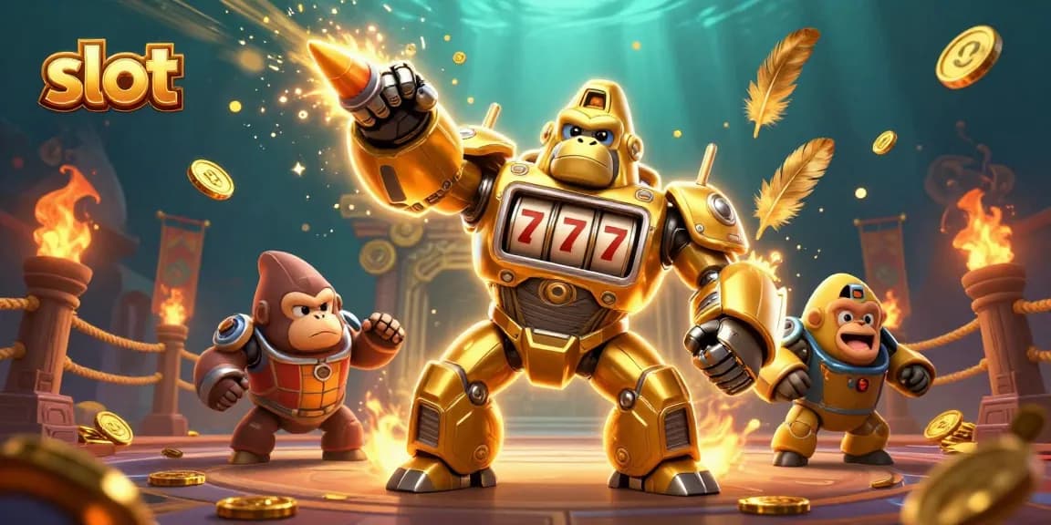 Bermain slot interaktif dengan karakter gorila emas dan simbol keberuntungan di arena yang memukau.