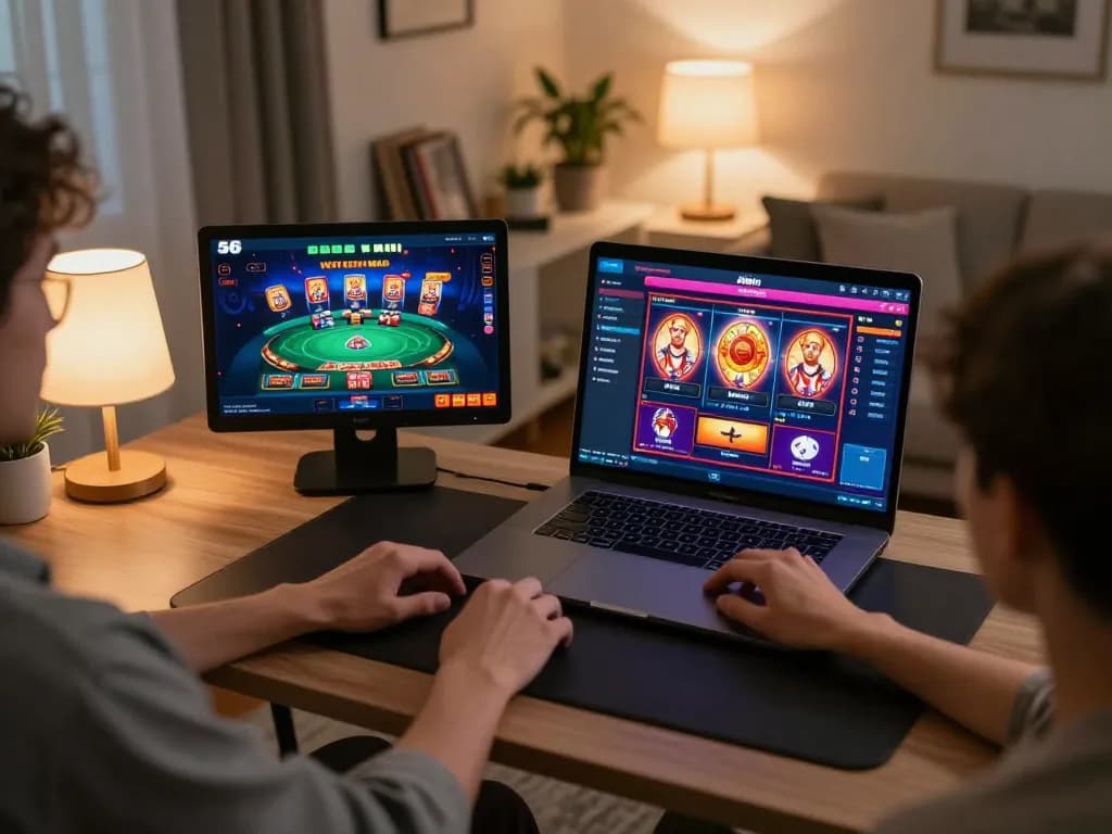 Engaged player enjoying 56win online casino gaming on a laptop in a cozy home office setup.