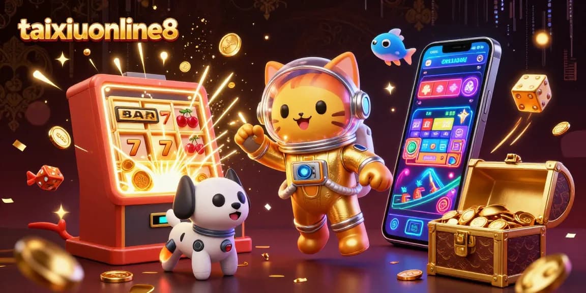 Engage with taixiuonline8 in a vibrant 3D casino scene showcasing slots, jackpots, and excitement.