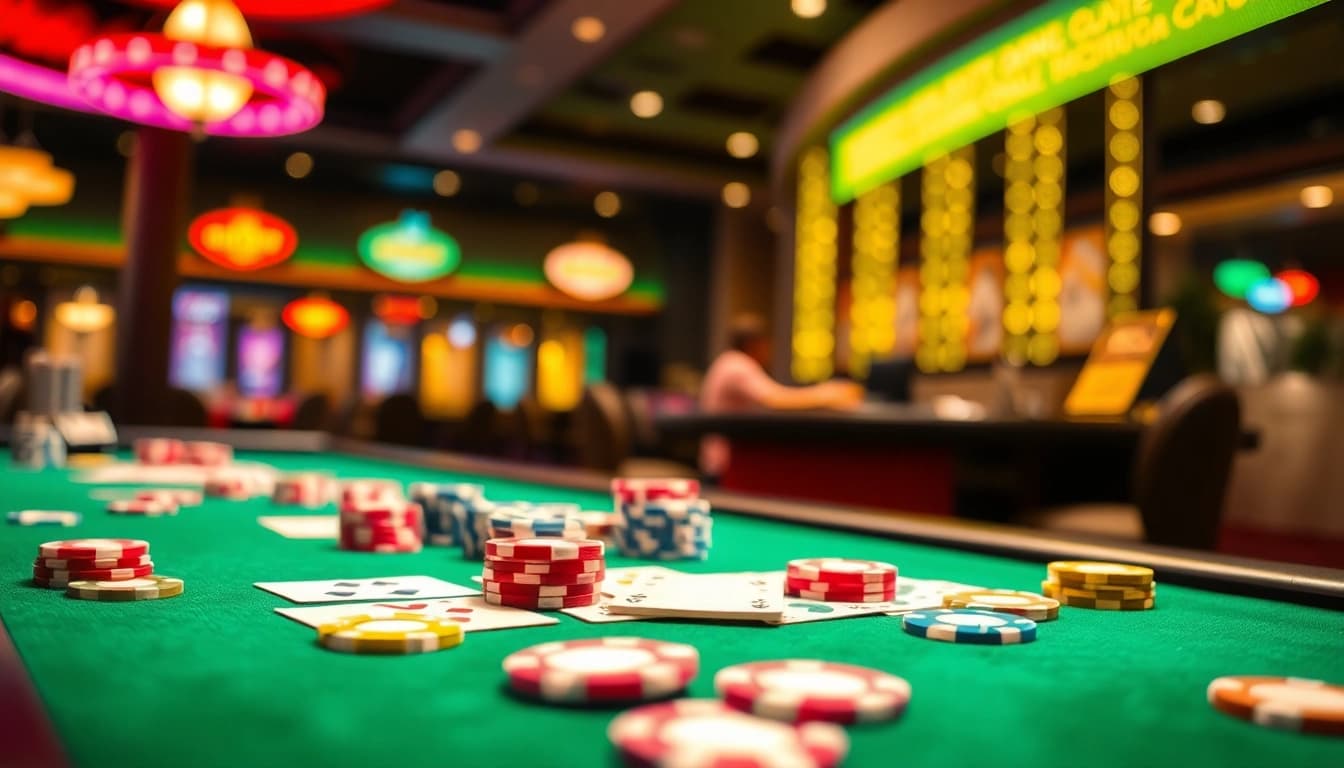 Slot deposit 5000 dalam permainan kasino yang mengasyikkan dengan chip dan kartu menarik.