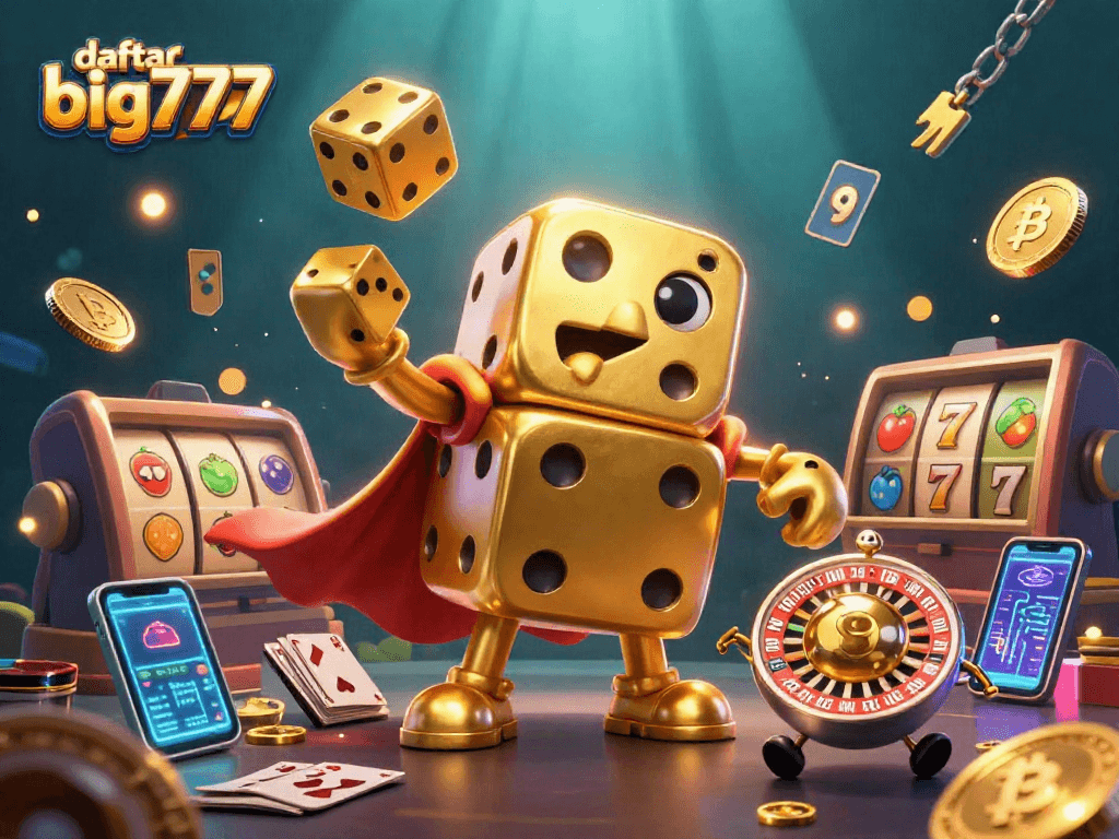 Menggulung dadu dan simbol jackpot dalam ilustrasi 3D, daftar big777 untuk pengalaman kasino digital yang menarik.