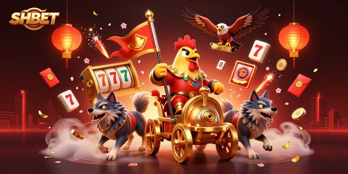 Engage with SHBET's vibrant casino adventure featuring a rooster warlord in a golden chariot amidst luck-themed elements.
