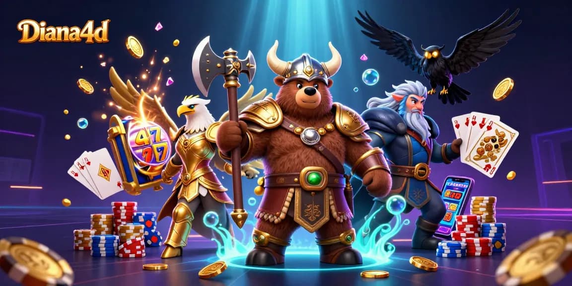 Dive into slot excitement with Diana4d featuring 3D Viking characters, coins, and slot elements.