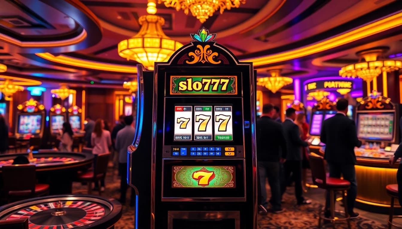 Players celebrating wins on the slot777 machine in a vibrant casino atmosphere.