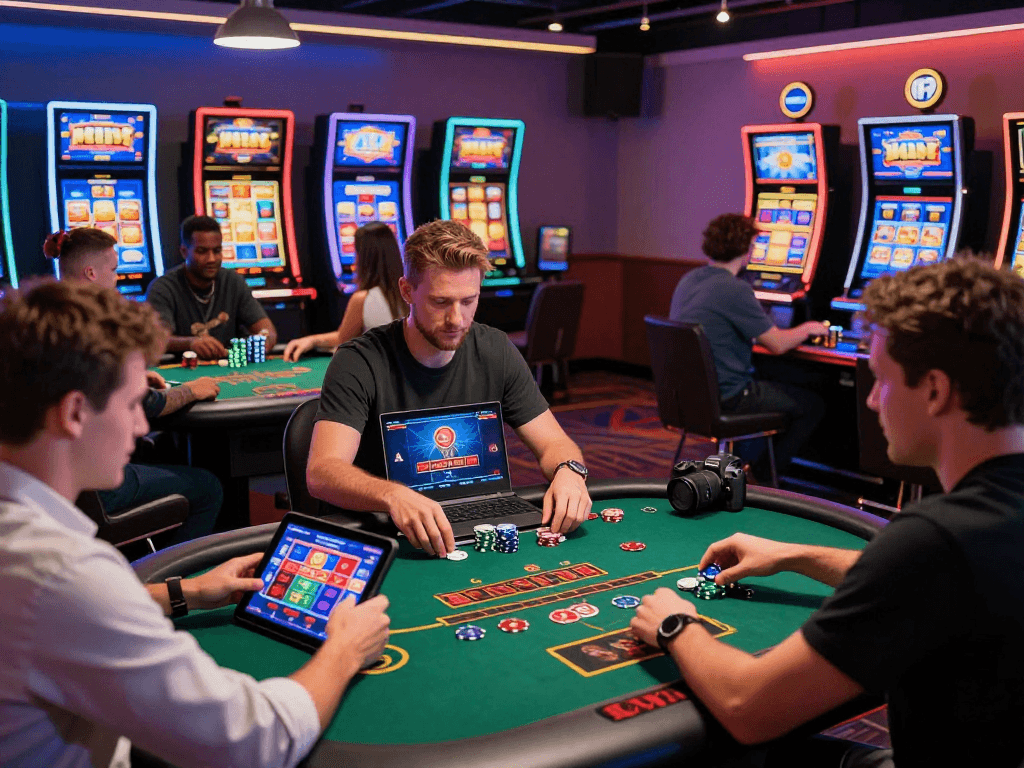 USA online casinos gaming experience with diverse players enjoying live dealer blackjack and poker on tablets in an engaging ambiance.