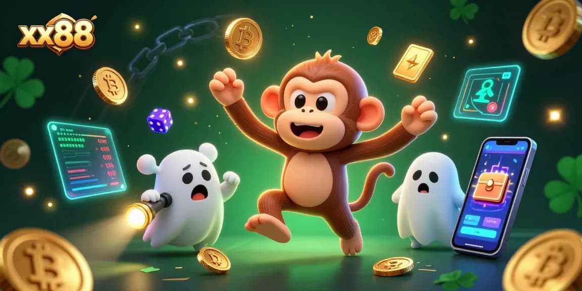Engage with thrilling gameplay at xx88 where a playful monkey juggles winning coins amidst a spooky casino.