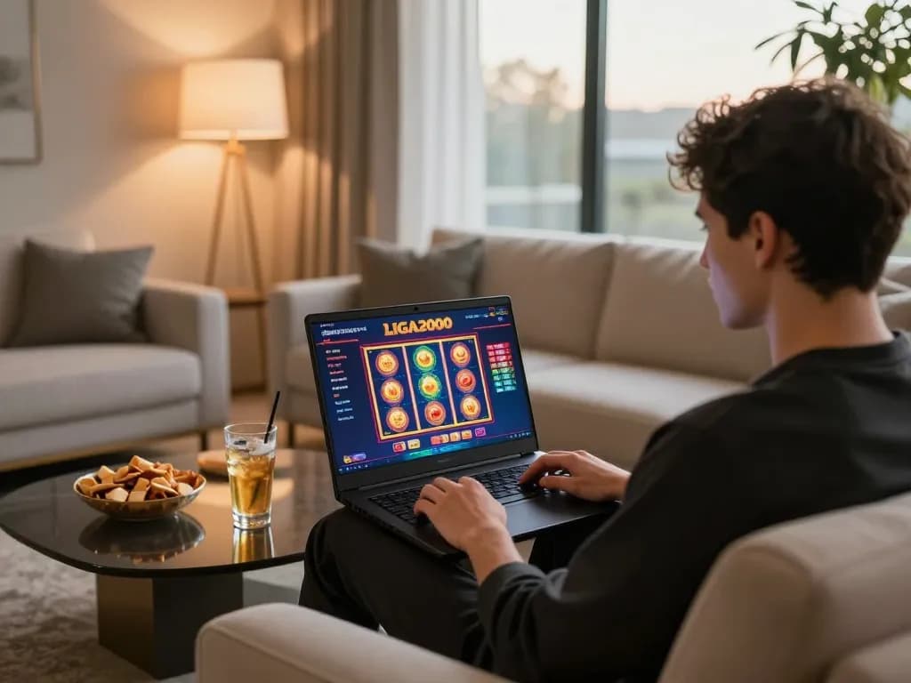 LIGA2000 player enjoying online slots on a modern gaming setup