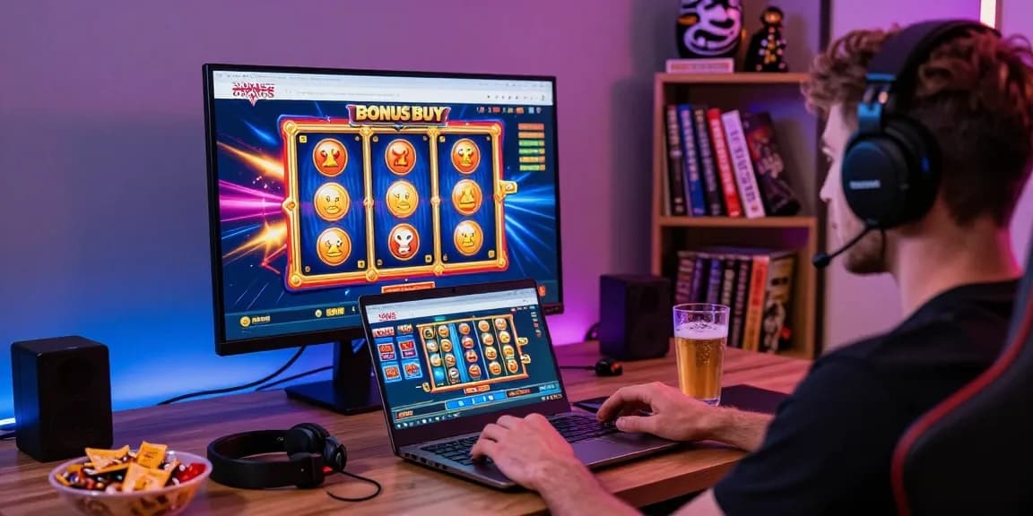 Player enjoying bonus buy slots UK in a modern gaming space with colorful slot reels, snacks, and cozy ambiance.