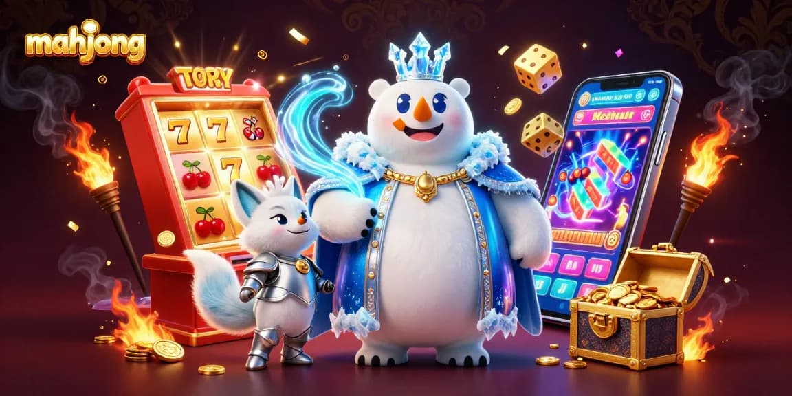 Experience mahjong excitement with a 3D polar bear and snow fox surrounded by casino elements.