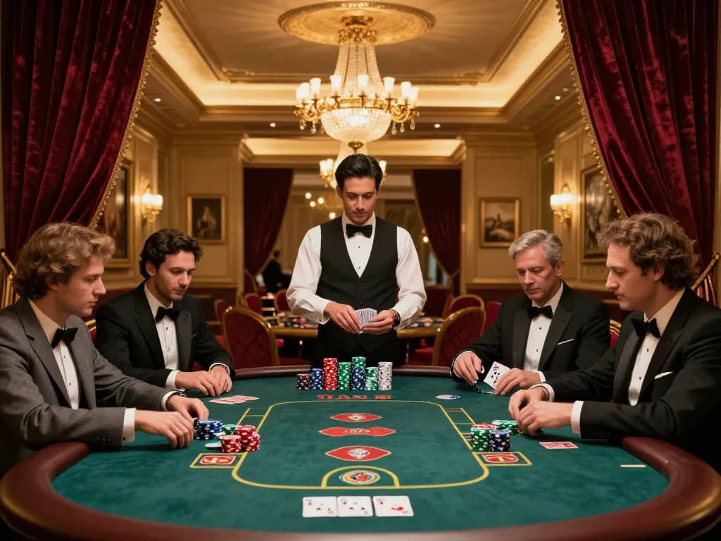 Engaged players at an elegant poker table in a high-roller room showcasing the official website for a premier casino.