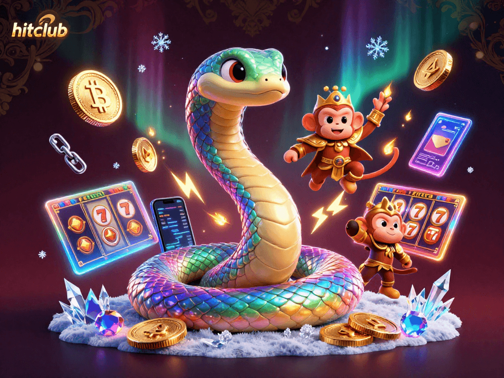 Engage with hitclub's vibrant 3D casino artwork showcasing colorful characters, crypto coins, and slot elements.