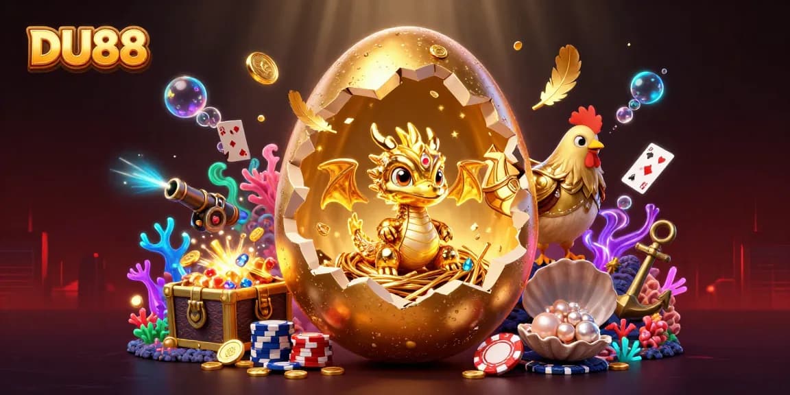 Engage in thrills at DU88 with a vibrant display of golden gaming icons and dynamic treasures.