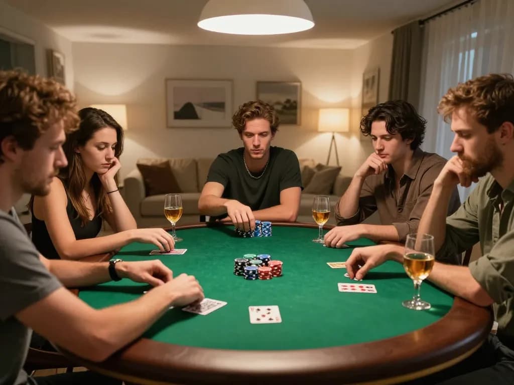 Engaged friends playing poker in a lively home environment, showcasing Slot88 strategies and excitement.
