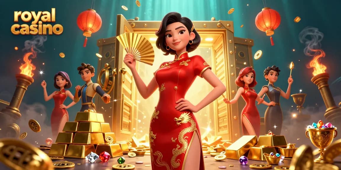 Experience the excitement of royal casino gameplay with a fabulous Asian woman and gold treasures.