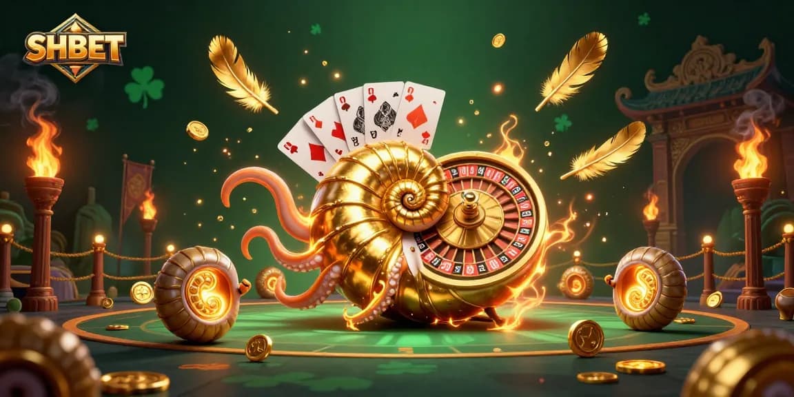 Engage with SHBET's thrilling casino atmosphere, featuring a giant nautilus and glowing ammonite companions.
