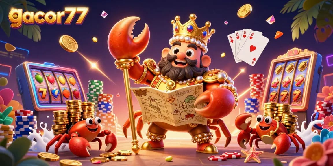 Memenangkan jackpot gacor77 dengan ilustrasi sindikat kepiting emas bertenaga dalam permainan slot.