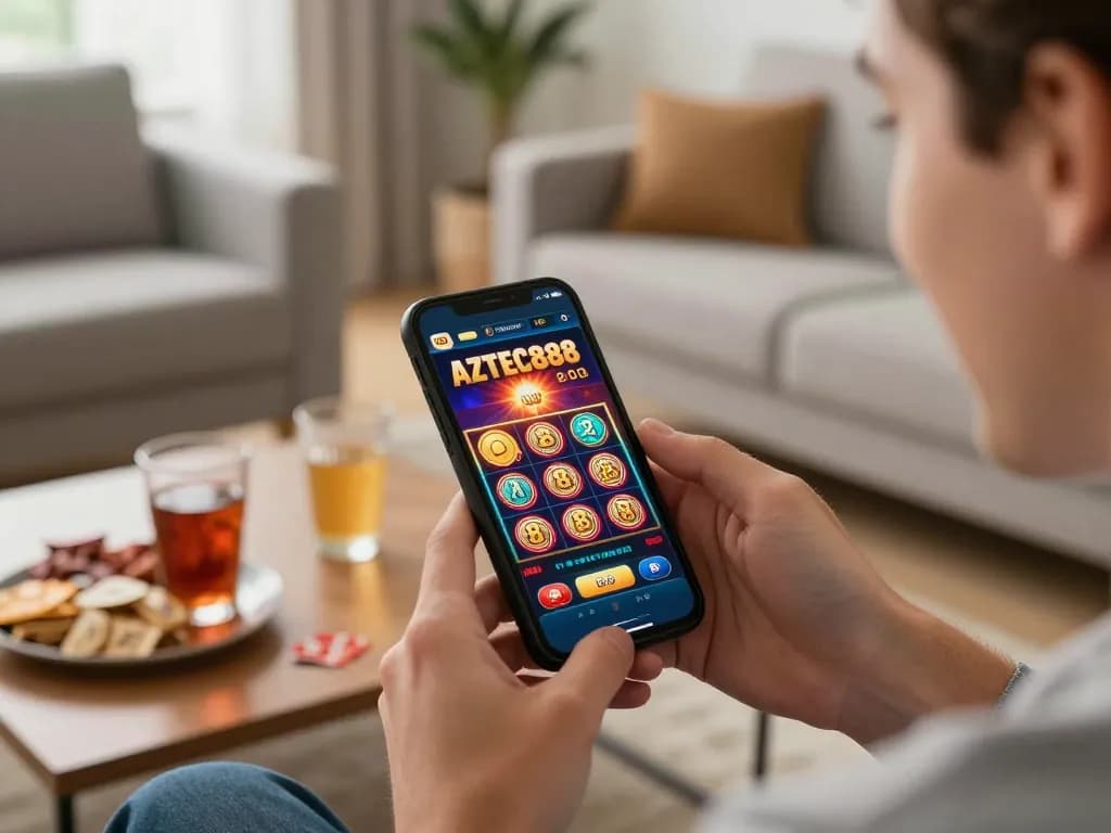 Person engaged in the AZTEC888 casino app, showcasing lively home gaming atmosphere with snacks