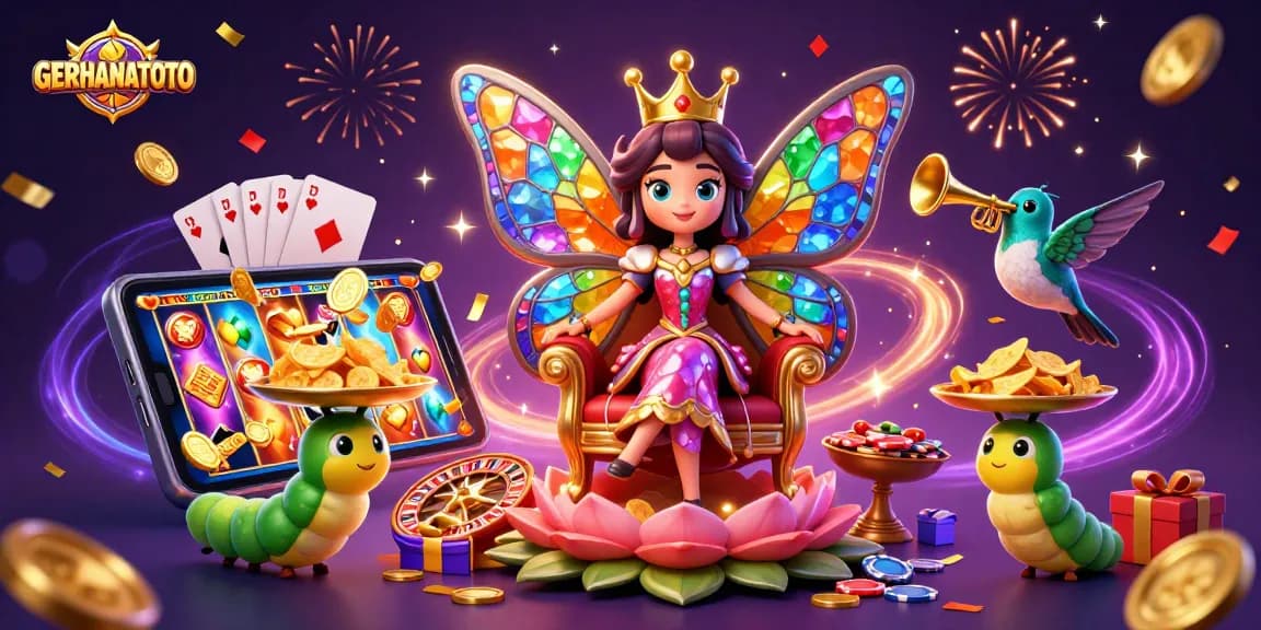 Dapatkan pengalaman bermain di GERHANATOTO dengan ilustrasi megah dari ratu kupu-kupu dan elemen slot yang kaya.