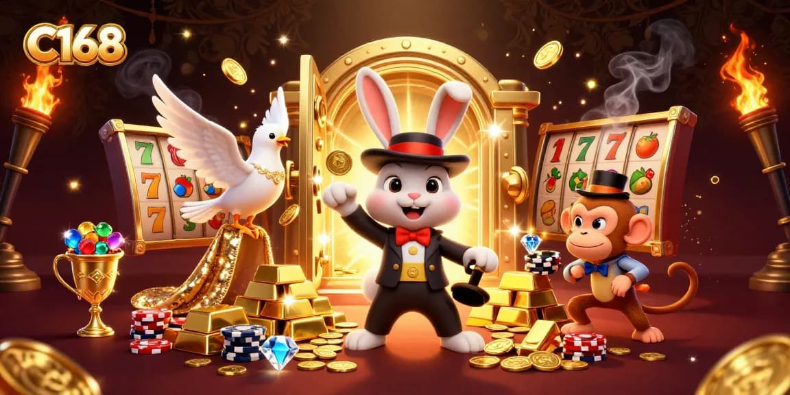 C168 casino scene featuring a magician rabbit, dove and monkey with colorful slot elements.