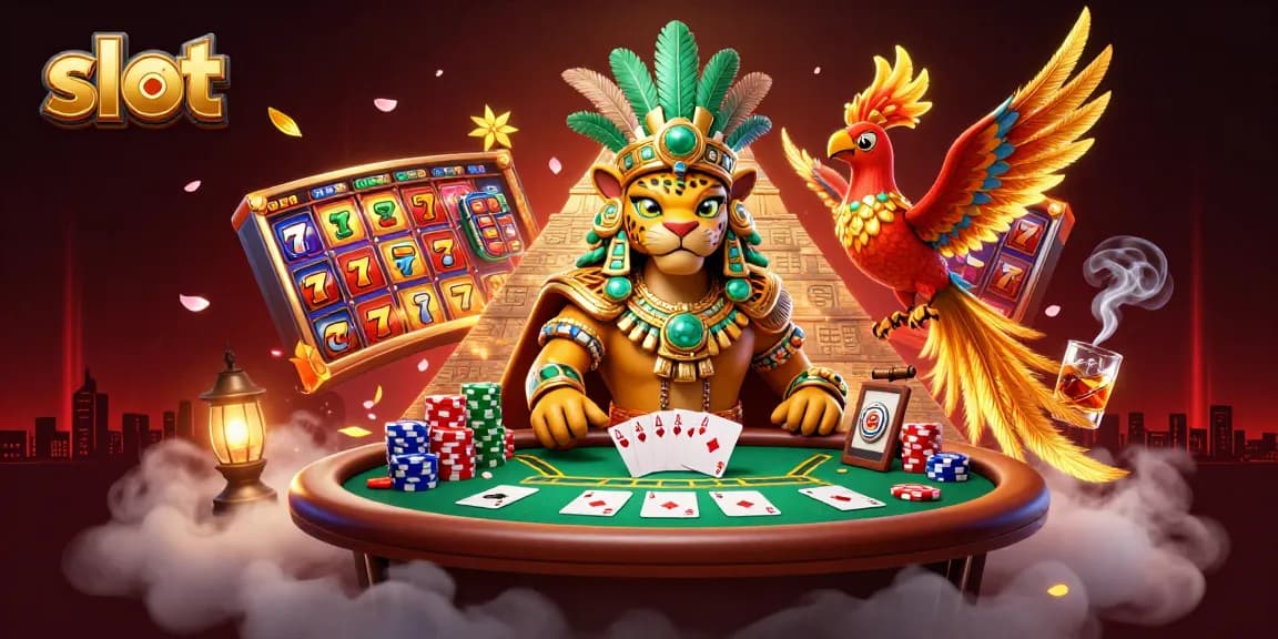 Putar slot dengan simbol cerah dan jackpot dalam ilustrasi kasino yang kaya detail.
