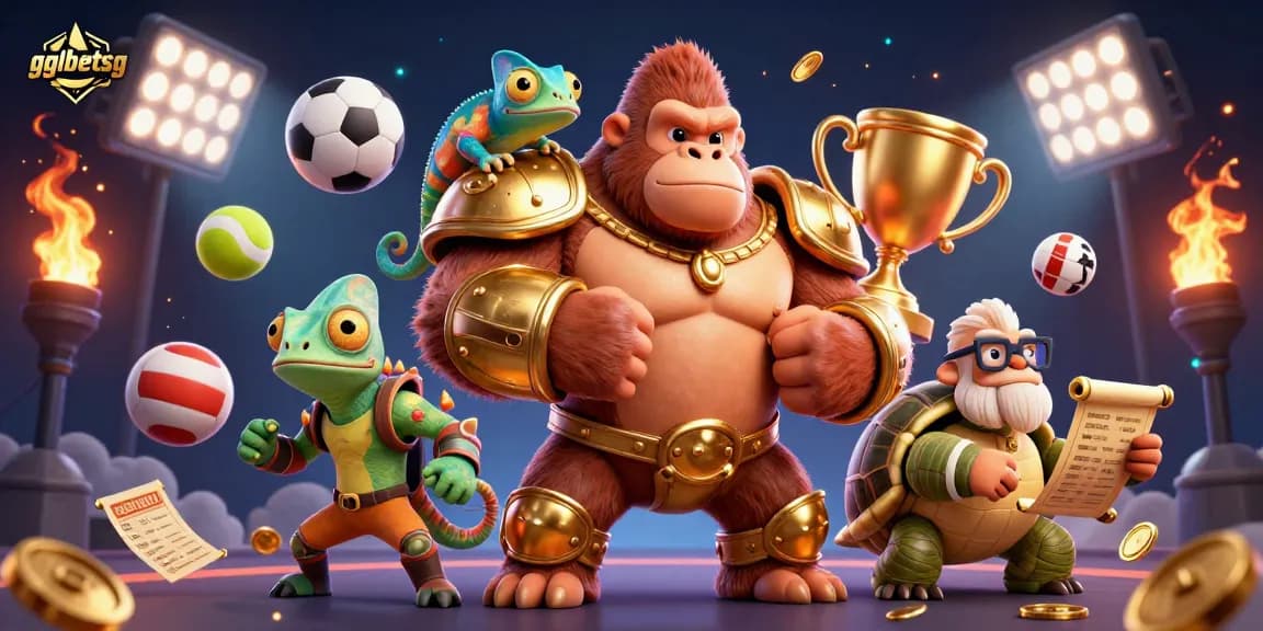gglbetsg features a powerful gorilla king, chameleon, and tortoise in an exhilarating esports betting scene.