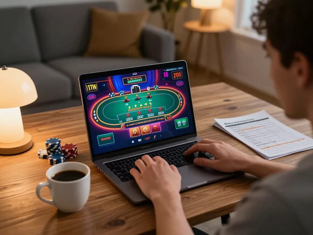 Gameradar player enjoying live dealer blackjack in a cozy online gaming setup with strategy notes.
