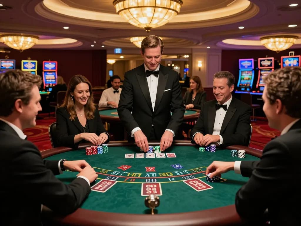 Players engaging in blackjack strategy at 388bet casino table with vibrant atmosphere and luxury decor.