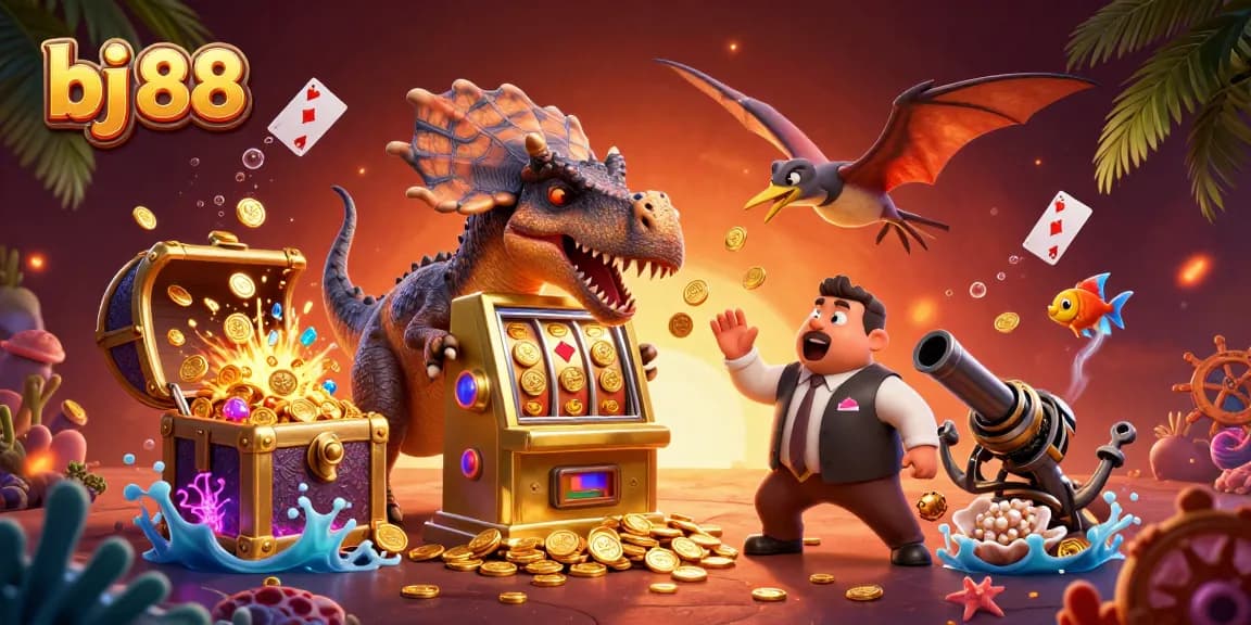 Experience the excitement of bj 88 with a 3D cartoon scene featuring dinosaurs in a casino setting.