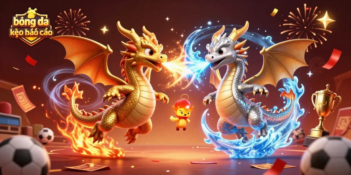 Engage with bóng đá kèo nhà cái through an illustrated scene of powerful dragons and sports betting elements.
