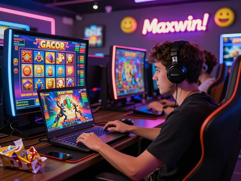 Engaged player enjoying slot gacor games with vibrant graphics and neon decor.