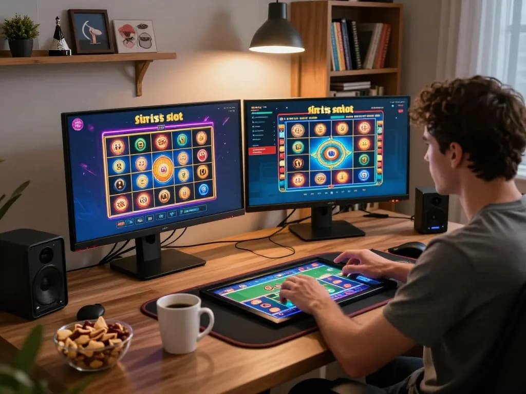 Situs slot gaming excitement captured in a modern home office with vibrant displays and engaging gameplay.