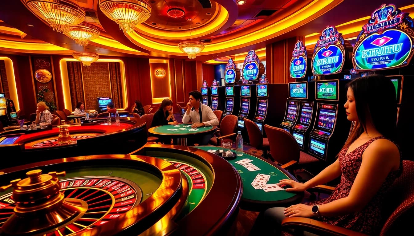 KTPJITU showcases a luxurious casino scene with players enjoying slot machines and roulette.
