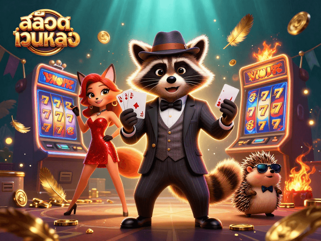 Engage with สล็อตเว็บตรง as a suave raccoon reveals a royal flush, surrounded by vibrant casino elements.
