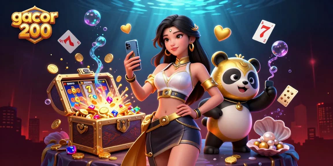 Experience the thrill of gacor 200 with a vibrant illustration featuring a woman playing slot games.
