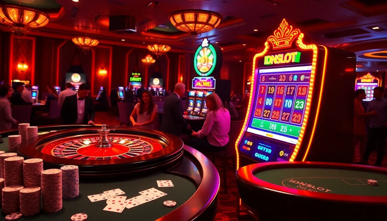 IDNSLOT gaming experience with engaging slot machines and active players in a vibrant casino.