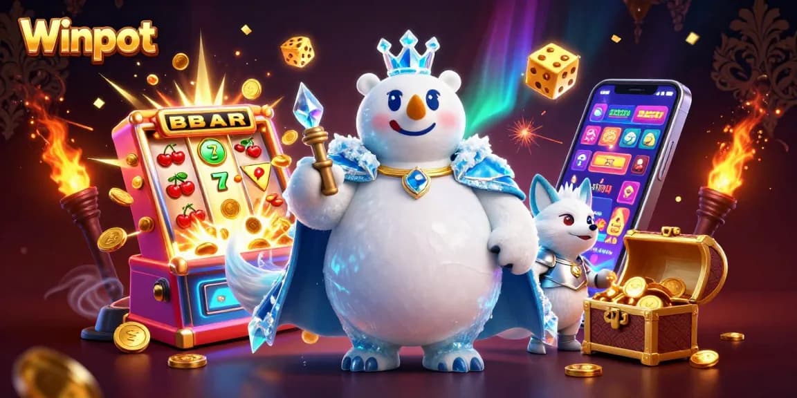 Winpot's exciting casino atmosphere features a dynamic scene with colorful characters and gaming elements.